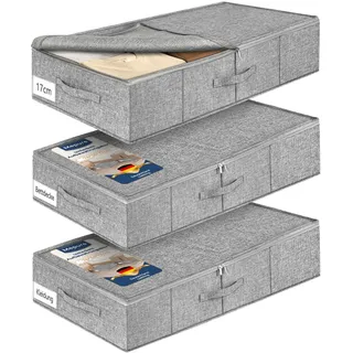 mepure Unterbett Aufbewahrungsbox,3 Stück – 50L Faltbare Unterbettkommode mit Deckel & Doppelreißverschluss, Waschbare Unterbettbox für Kleidung, Decken, Bettlaken, Kissen, 76×38×17cm, Grau