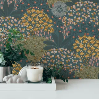 A.S. Création Blümchentapete Bunt Petrol Gelb Nara 387404