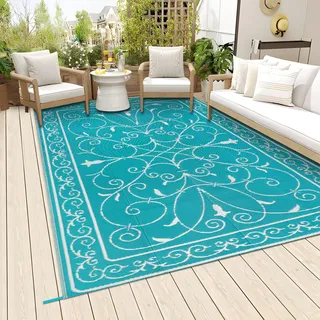 Famibay Terrassenteppich Wetterfest Groß Outdoor Teppich Plastik Gartenteppich Wendbar Teppich Balkon Leichtgewicht Picknickdecke Faltbar Bodenmatte für Terrasse Garten Balkon (Teal, 180 x 270 cm)