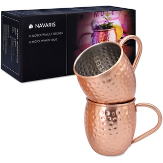 Navaris Moscow Mule Becher 2er Set - 2x Kupferbecher für Moskau Mule Gin Bier - Cocktail Mug gehämmert - Tasse aus Edelstahl mit Kupfer