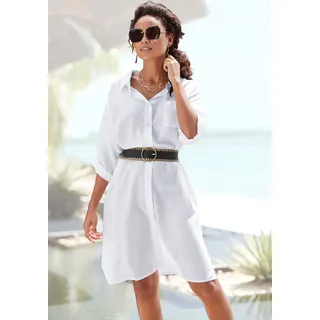 Longbluse LASCANA, Damen, Gr. 38, weiß, Web, Obermaterial: 58% Viskose, 28% Baumwolle, 14% Leinen, unifarben, figurumspielend kniebedeckend, V-Ausschnitt, mit Riegel krempelbar, Blusen Longbluse, aus leichter Webware mit Leinenanteil, luftiges Blusenkleid, Topseller