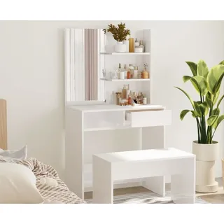 The Living Store Schminktisch mit Spiegel Hochglanz-Weiß 74,5x40x141 cm - Weiß