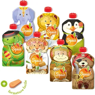 Set mit 7 wiederverwendbaren 130-ml-Quetschbeuteln | Carnaval-Kollektion | Für Babys, Kinder und Erwachsene | Für Kompott, Püree und Smoothies | Hergestellt in der Schweiz un in Frankreich | Squiz