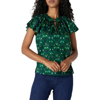 Amazon Essentials Damen Weit Geschnittene Bluse mit Volantärmeln aus Baumwoll-Satin, Dunkelgrün Grün Vögel, M
