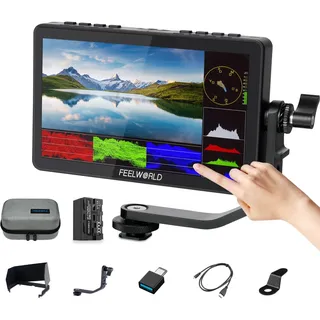 FEELWORLD F5 Pro V4 6 Zoll Touchscreen DSLR Kamera Feldmonitor mit 3D LUT F970 Externes Kit Installieren IPS FHD 1920 x 1080 4K HDMI Eingang Ausgang 5 V Typ-C Eingang inklusive 4400mah Batterie