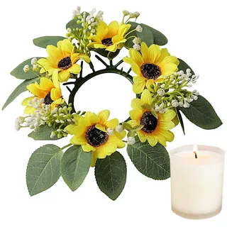 Kerzenkranz, Florale Kerzenringe | Künstlicher grüner Eukalyptus, weiße Knospen, gelbe Sonnenblume, Kerzengirlande, Ringe | 9,84 Zoll Frühlings-Sommer-Blumenringe für Tafelaufsätze,