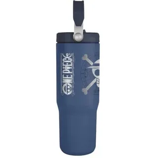 One Piece Tumbler 0,85 L (30 oz) – Thermo Quencher mit Klappgriff & Flip-Strohhalm – Doppelwandiger Edelstahl in Blau mit Straw Hat Crew Skull