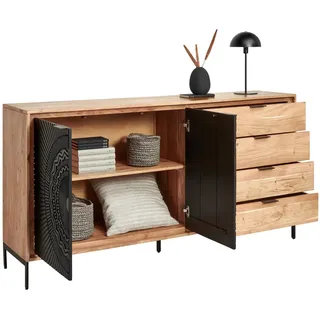 Ambia Home Sideboard , Schwarz, Akaziefarben , Metall , Akazie, Mangoholz,Akazie , vollmassiv , Holz , 1 Fächer , 4 Schubladen , 175x90x40 cm , stehend , Holzmöbel, Kommoden Holz, Sideboards Holz
