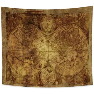 YONGFOTO Alte Weltkarte Wandteppich Groß Antike Landkarte Weltkarte Gefleckt Wandbehang Alte Jahrhundert Entdeckung Historische Decke für Wohnzimmer Wohnheimdeko Sofa Teppich, 150x130cm