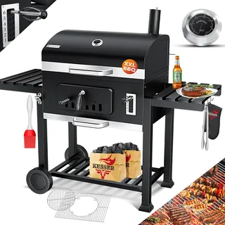KESSER® Grill Grillwagen XXL Holzkohlegrill mit Deckel, Rädern, Edelstahl-Griff, Grillrost und Thermometer Holzkohle kohlegrill Wagen groß Kohle BBQ Barbeque Camping, Terrasse, Garten - Schwarz