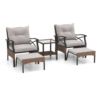 FANTASK 5-teiliges Rattan Gartenmöbel Set, Terrassenmöbel Set inkl. 2 Stühle mit Kissen, Hocker & Tisch, Garten Sitzgruppe, Balkonmöbel für Garten, Balkon, Terrasse (Braun + Grau)