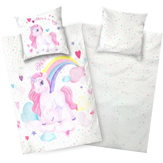 Aminata kids Einhorn Bettwäsche 135x200 Mädchen Biber Flanell Baumwolle - weiß rosa - Regenbogen Reißverschluss ÖkoTex - Herzen Sterne - Tier-Pferde-Motiv warm & weich