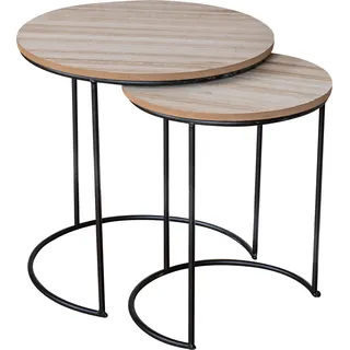 2er Set Beistelltische Metall Schwarz Holz Rund Couchtisch Industrial Sofatisch - Schwarz