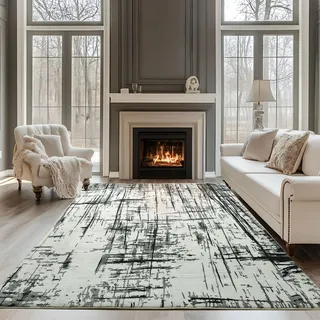 Calore Teppich Wohnzimmer Kurzflor Teppich Schlafzimmer rutschfest Weich Moderner Wohnzimmerteppich Große Teppiche (Abstrakt grau/weiß/schwarz, 200 x 250 cm)