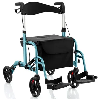 FANTASK 2 in 1 Rollator faltbar 6-fach höhenverstellbar, Aluminium Gehwagen mit Rollstuhl & Reiserollator Leichtgewicht, Gehhilfe mit Tasche & Bremsen & Stockhalter (blau)