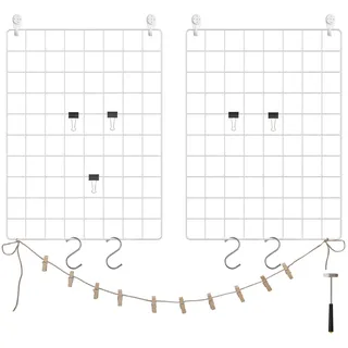 SONGMICS Fotowand aus Drahtgitter, 2er Set, Wanddekor, Wandgitter, DIY, multifunktionale Gitterwand, mit S-Haken, Klammern und Hanfschnur, weiß LPP01W