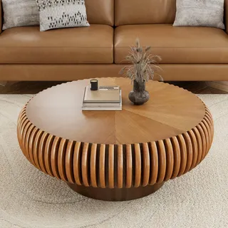 WXFKLDJ 80Cm Trommel-Couchtisch, Moderner, Einzigartiger, 31.5" Round Brown | Geriffelter Teetisch, Zeitgenössischer Runder Couchtisch Aus Holz Mit Geriffelter Tischplatte Für Das Wohnzimmer, Walnuss