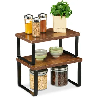 Relaxdays Tischregal Set, Küchenorganizer für Gewürze, Geschirr uvm., stapelbar, Industrial Design, braun/schwarz