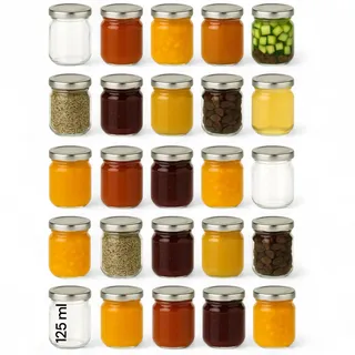 gouveo 25er Set Einmachgläser 125 ml (0,125 l) Einmachglas Helix (Sturzglas) Twist-Off Schraubdeckel TO 53 silberfarben – kleine Marmeladen-, Vorrats- & Gewürzgläser (HEG125SBS)