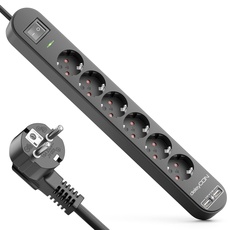 deleyCON 1,5m 6 Fach Steckdosenleiste mit USB Stromleiste 6X Schutzkontaktbuchsen 2X USB-A Ladebuchse für z.B. Handy & Tablet Überspannungsschutz EIN/AUS Schalter Schwarz