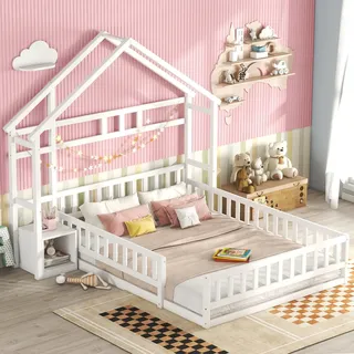 Kinder-Hochbett 140 x 200 cm mit Stauraum, Schutzgittern und Nachttischen, Weiß - Weiß