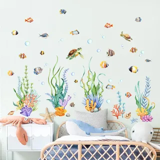Supzone Wandtattoo Unter dem Meer Wandaufkleber Meeresschildkröten Ozean Fisch Wandsticker Seetang Gras für Kinderzimmer Babyzimmer Badezimmer Wanddeko