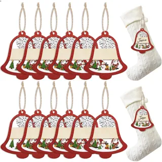 12 STK Geschenkanhänger Weihnachten Etiketten Zum Beschriften Holz Weihnachtsstrumpf Tags Anhängeschilder Glocken Personalisierte Anhänger Ornament mit Schnur für Weihnachtsbaum Dekoration DIY
