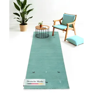 Wollteppich CARPETFINE "Gabbeh Uni, auch als Läufer und Rund erhältlich", blau (türkis), B:80cm H:15mm L:300cm, Wolle, Teppiche, Wollteppich, reine Wolle, handgewebt, Gabbeh Loom Tiermotiv, große Farbauswahl