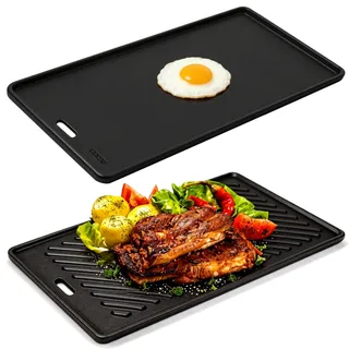 Gusseisen Grillplatte 45 x 24 cm für RÖSLE VIDERO G2 G3 G4 G6 (ab 2021), Universal Wendeplatte mit Glatter & Geriffelter Seite, Massive Plancha Grill Zubehör für Gasgrill, BBQ Ersatz 1 Stück