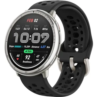 Amazfit Active 2 GPS 44 mm Edelstahlgehäuse silber Sportarmband schwarz M