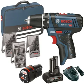 Bosch GSR 12V-15 inkl. 1 x 2,0 Ah + 1 x 4,0 Ah + 39-tlg. Zubehörset + Werkzeugtasche