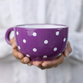 City to Cottage Keramik XXL Tasse 500 ml Kaffeebecher, Lila und Weiß Polka Dots, Handgemacht Keramik Geschirr, Große Tasse