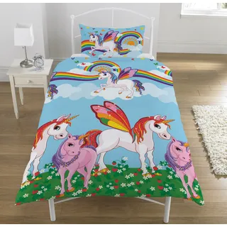 KidCollection Wende-Bettwäsche-Set für Einzelbett/Doppelbett, Regenbogen-Einhörner