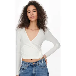 Bauchfreies Langarm Wickeloberteil Geripptes Crop Top mit V-Ausschnitt | M - Weiß