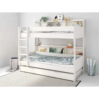 LÜTTENHÜTT Etagenbett »JAIME, TOPSELLER! Stockbett, mit Regalen, Schublade optional«, (ca. 186x115x204 Höhe/Breite/Länge), FSC® zertifiziertes Massivholz, viel Stauraum und Abstellfläche, weiß