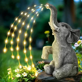GIGALUMI Aktualisierung Elefanten Statue Gartendeko, Echte Bewässerung Elefant Figur Solar LED Lichter, Geschenk für Mama, Frauen Geburtstagsgeschenke, Elefanten Dekoration für Terrasse(Fließend)