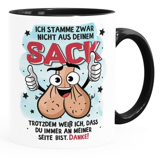 Moonworks® Kaffee-Tasse Geschenk für Bonus-Papa zum Vatertag Spruch lustig Stiefvater Ich stamme zwar nicht aus deinem Sack weiß-innen-schwarz standard