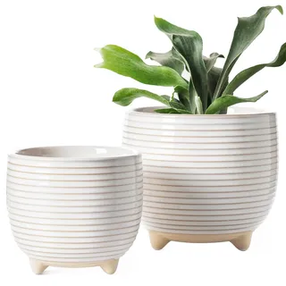 LE TAUCI Blumentopf Keramik mit Füßen, 12+16 cm Durchmesser Klein Übertöpfe Set, 2 er Pack Blumentopf für Zimmerpflanzen mit Abflussloch, Reaktive Glasur Weiß