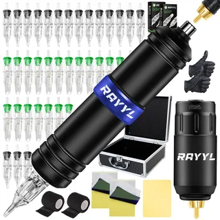 Rayyl Rotary Pen Maschine Set Akku mit 40 Cartridge 2 Transferpaper 1 kunsthaut für Professional Anfänger und Künstler