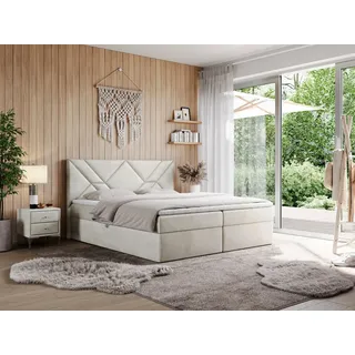MKS Meble Boxspringbett 180x200 mit Matratze H3 und Bettkasten, Doppelbett Bett mit Stauraum und Topper, Polsterbett 180x200 mit Kopfteil - NEOMI -... Beige
