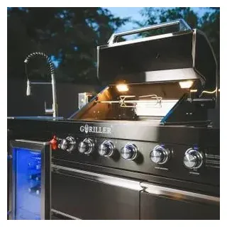 GORILLER® BLACKBACK M6 Outdoor-Küche, Gasgrill mit Doppel-Kühlschrank und Waschbecken, Edelstahl, Schwarz - Grau