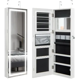 COSTWAY Schmuckschrank hängend, Spiegelschrank abschließbar mit Dreifarbige LED Beleuchtung & Innenspiegel, Schminkschrank Wandmontage für Schlafzimmer Ankleidezimmer, weiß