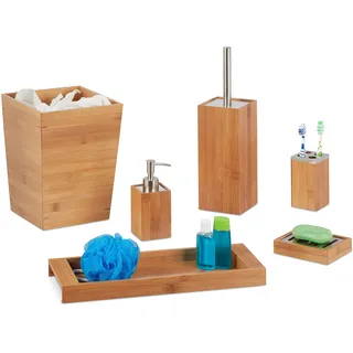 Relaxdays Bad Set, 6-teilig, Bambus, Seifenspender, Seifenhalter, Bürstenhalter, Zahnputzbecher, Ablage, Badeimer, natur, 20 x 20 x 26,5 cm