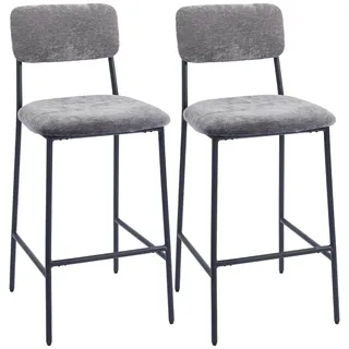 Homcom Barhocker 2er Set Barstuhl, Tresenhocker mit Fußstütze, Rückenlehne Gepolstert Bistrohocker mit Stahlgestell, Chenille-Optik 72,5 cm Sitzhöhe für Küche, Hausbar Grau