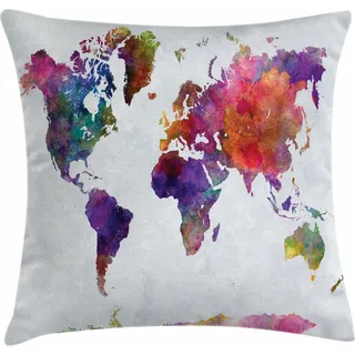 ABAKUHAUS Aquarell Kissenbezug, Mehrfarbige Hand gezeichnete Weltkarte Asien Europa Afrika Amerika Geografie Print, 50 x 50 cm, Mehrfarbig