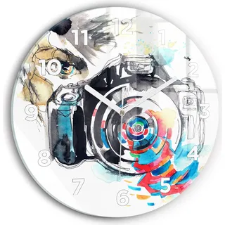 Wallfluent Wanduhr – Stilles Quarzuhrwerk - Uhr Dekoration Wohnzimmer Schlafzimmer Küche - Zifferblatt - weiße Zeiger - 30 cm - Fotografin - Blau