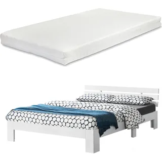 Holzbett Nivala 160x200 cm mit Kaltschaummatratze Kopfteil und Lattenrost Bettgestell bis 200 kg Doppelbett Ehebett Bettrahmen Kiefernholz Weiß - Weiß