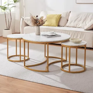 Couchtisch ’Christchurch’ 3er Set Satztisch Metallgestell Marmoroptik, Weiß/Gold - Creme