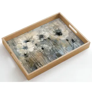 OnlyWow© Tablett Serviertablett rutschfest Griff Küchentablett | 50x35 cm - Rechteckig - Servierplatte Eiche Holztablett Henkel Hitzebeständig Blumen - Pflanzen - Grau - Abstrakt