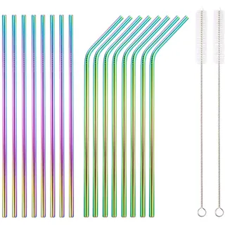 HOMQUEN 18-teilige bunte Edelstahl-Strohhalme, wiederverwendbare 8,5-Zoll-Trinkhalme mit Regenbogen, mit Tragetasche (8 gerade / 8 gebogene / 2 Bürsten)